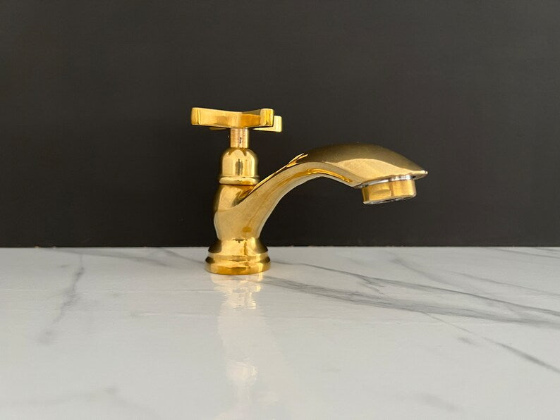Brass Bathroom Faucet,  Brass Single Hole Bathroom Faucet, Vintage Style Powder Room Faucet Flat Cross Handle.