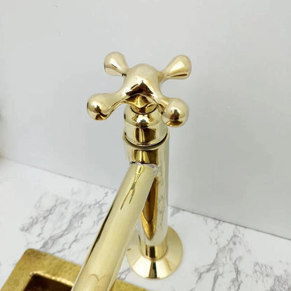 Low Arc, Unlacquered Brass Vanity Faucet, Cross Handle