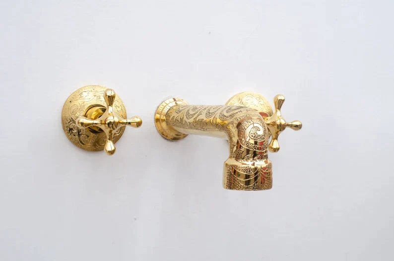 Unlacquered Brass Wall Mounted Faucet , Engraved Antique Brass Sink Faucet with rough in valve