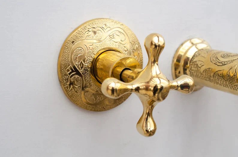 Unlacquered Brass Wall Mounted Faucet , Engraved Antique Brass Sink Faucet with rough in valve