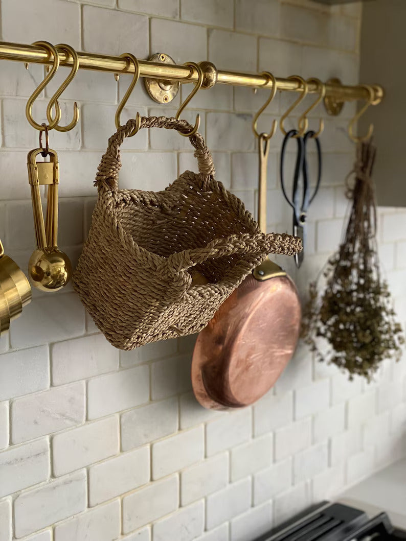 Unlacquered Brass Wall Mounted Pot Rack , Brass Kitchen Rail with Hooks , Brass Wall Pot Rack Kitchen Storage