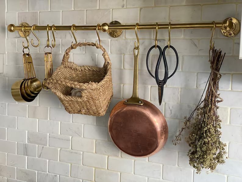 Unlacquered Brass Wall Mounted Pot Rack , Brass Kitchen Rail with Hooks , Brass Wall Pot Rack Kitchen Storage