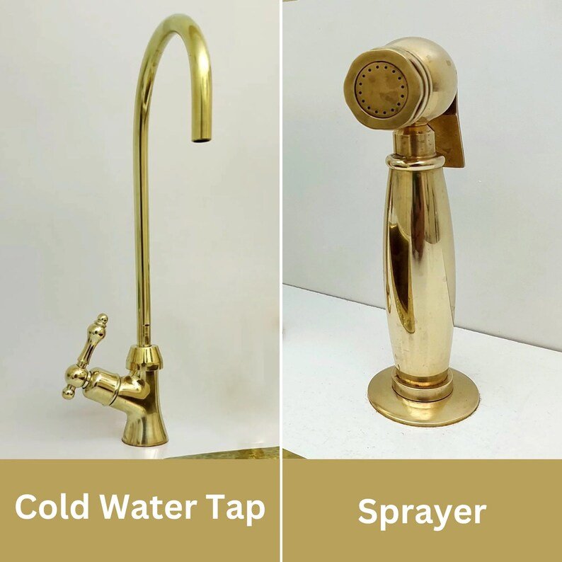 Unlacquered Brass Bridge Kitchen Faucet With Sprayer, Cold Water Tap, and Lever Handles