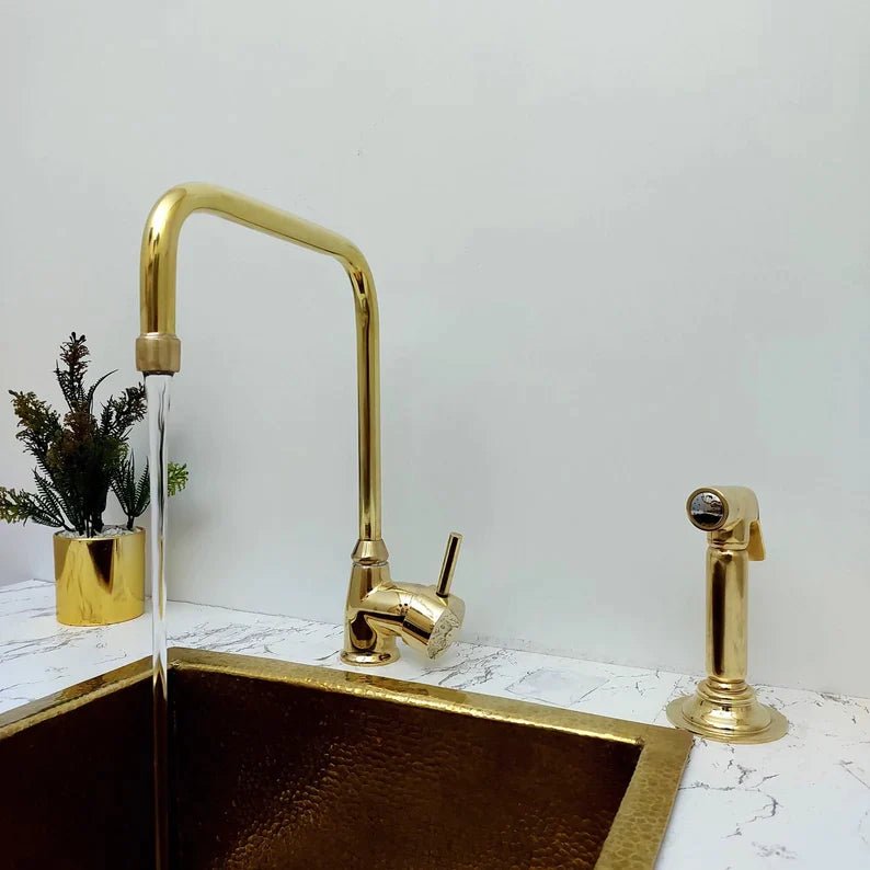 Unlacquered Solid Brass Faucet, Kitchen Sink Bridge Faucet, L Shaped Faucet, with Single Handle and side Sprayer