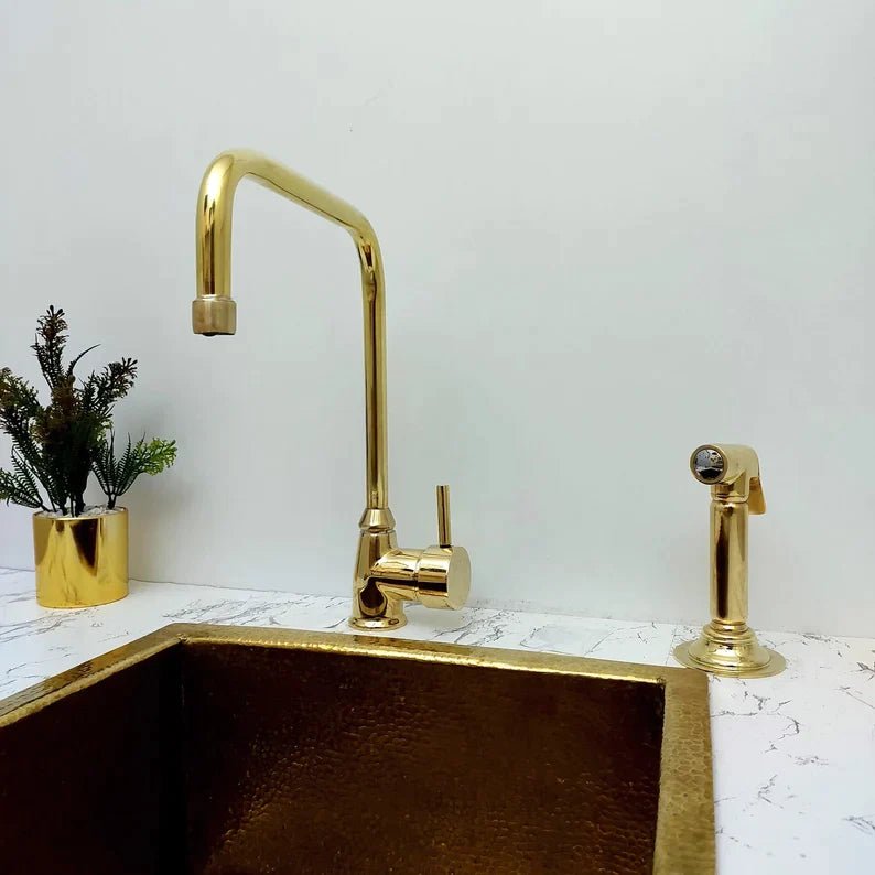 Unlacquered Solid Brass Faucet, Kitchen Sink Bridge Faucet, L Shaped Faucet, with Single Handle and side Sprayer