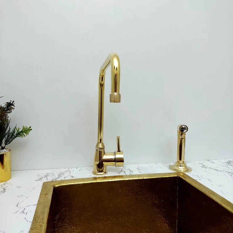 Unlacquered Solid Brass Faucet, Kitchen Sink Bridge Faucet, L Shaped Faucet, with Single Handle and side Sprayer