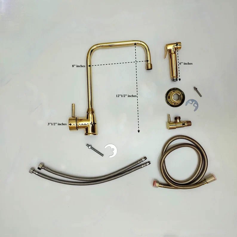 Robinet en laiton massif non verni, robinet de cuisine à pont, robinet en L, avec poignée unique et douchette latérale 