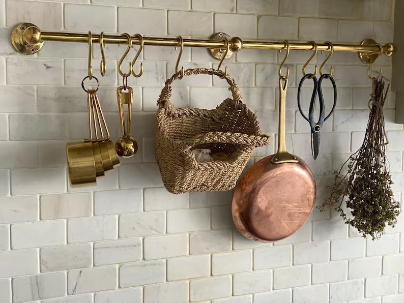 Unlacquered Brass Wall Mounted Pot Rack , Brass Kitchen Rail with Hooks , Brass Wall Pot Rack Kitchen Storage