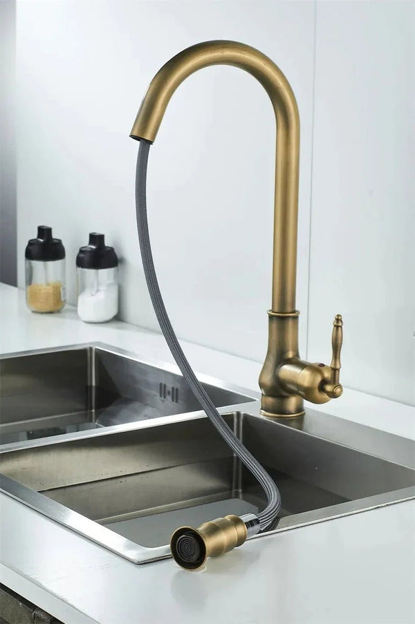 Antique Brass Pull-Out Kitchen Faucet