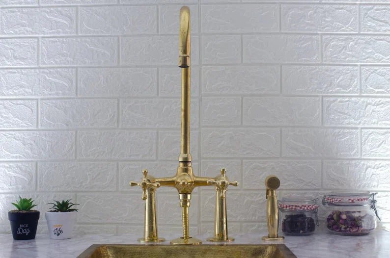 Bridge Kitchen Faucet With Sprayer - Brass Bridge Faucet