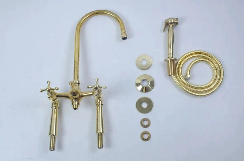 Bridge Kitchen Faucet With Sprayer - Brass Bridge Faucet