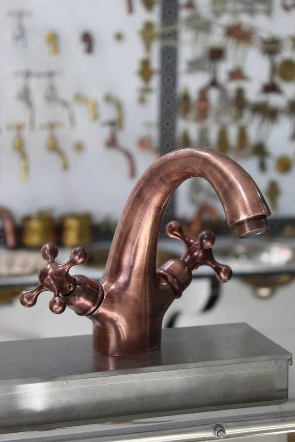 Single Hole Unlacquered Copper Bathroom Faucet, Bathroom Sink Vanity Faucet with Simple Cross Handles