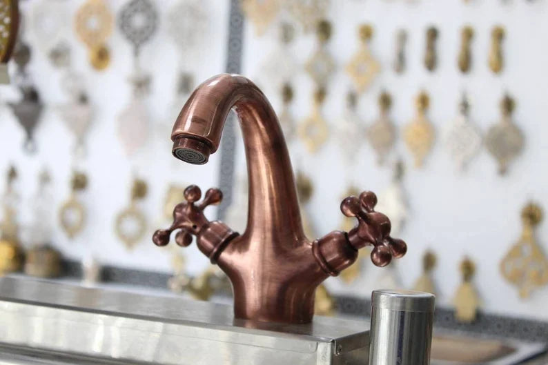 Single Hole Unlacquered Copper Bathroom Faucet, Bathroom Sink Vanity Faucet with Simple Cross Handles