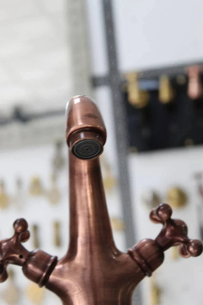 Single Hole Unlacquered Copper Bathroom Faucet, Bathroom Sink Vanity Faucet with Simple Cross Handles