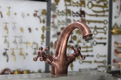 Single Hole Unlacquered Copper Bathroom Faucet, Bathroom Sink Vanity Faucet with Simple Cross Handles