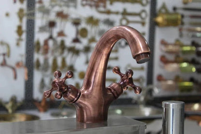 Single Hole Unlacquered Copper Bathroom Faucet, Bathroom Sink Vanity Faucet with Simple Cross Handles