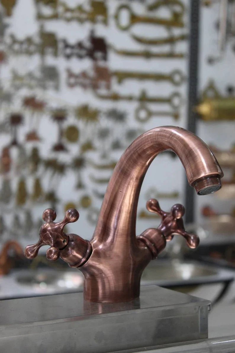 Single Hole Unlacquered Copper Bathroom Faucet, Bathroom Sink Vanity Faucet with Simple Cross Handles