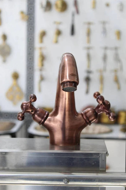 Single Hole Unlacquered Copper Bathroom Faucet, Bathroom Sink Vanity Faucet with Simple Cross Handles