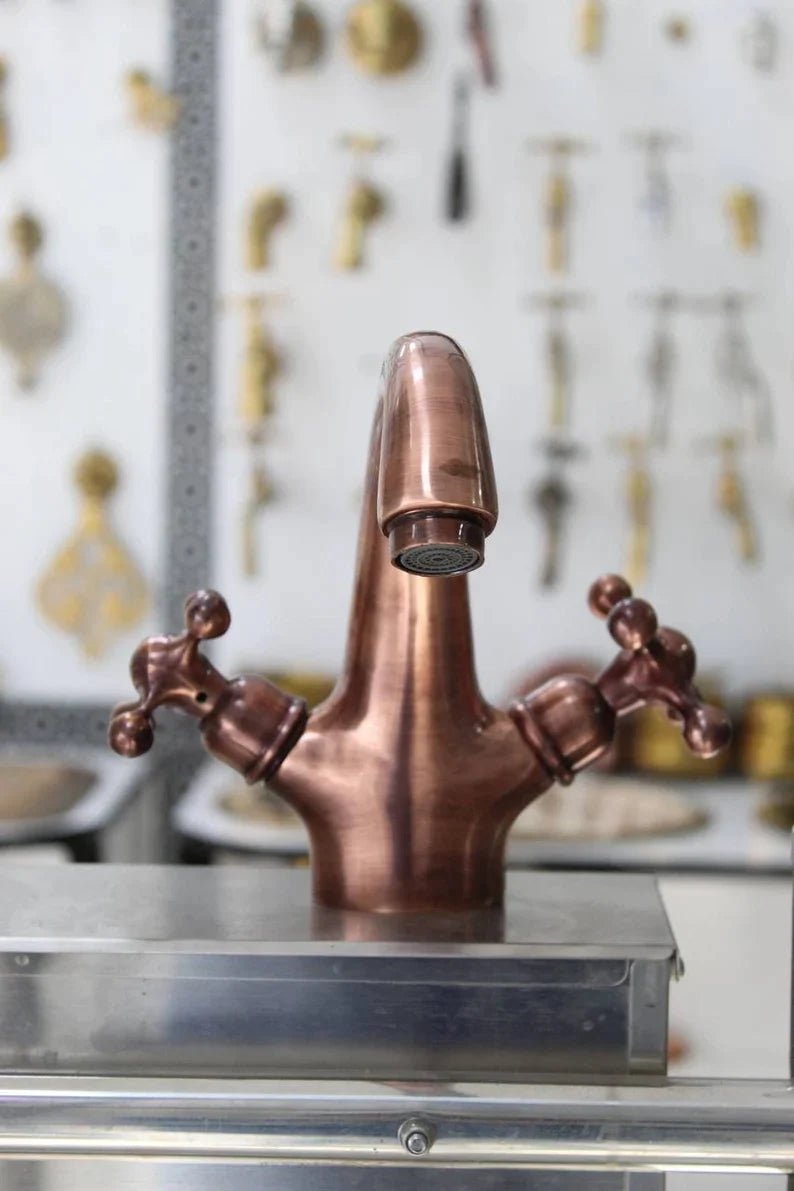 Single Hole Unlacquered Copper Bathroom Faucet, Bathroom Sink Vanity Faucet with Simple Cross Handles