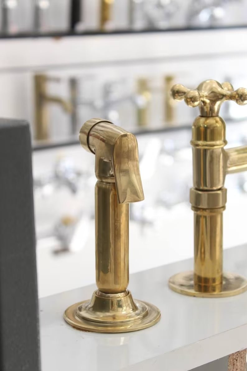 Unlacquered Brass Bridge Kitchen Faucet With Various Handles style 8" Spread