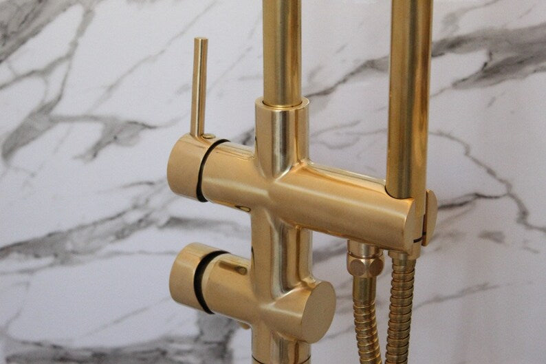 Bathtub Floor Mount Faucet, Freestanding Tub Filler and Shower System, Shower Faucets with Brass Handheld Shower