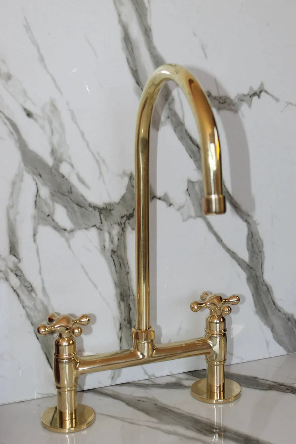 Unlacquered solid brass 8" Brass Bridge faucet, Simple cross handles with Straight Legs,Solid Brass Bridge Kitchen Faucet With Cross Handles