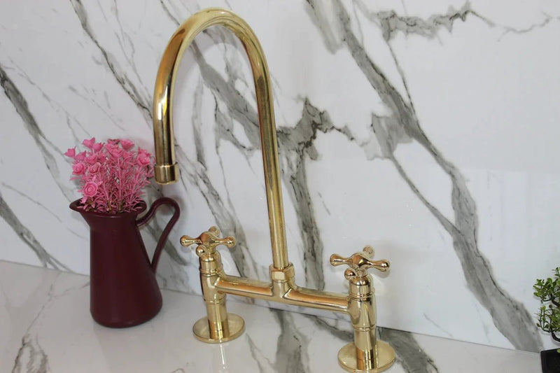 Unlacquered solid brass 8" Brass Bridge faucet, Simple cross handles with Straight Legs,Solid Brass Bridge Kitchen Faucet With Cross Handles