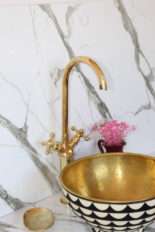 Wood And Brass Bathroom Sink ,Vanity Vessel Sink, With matching faucet Vintage style For unique Bathroom and kitchen