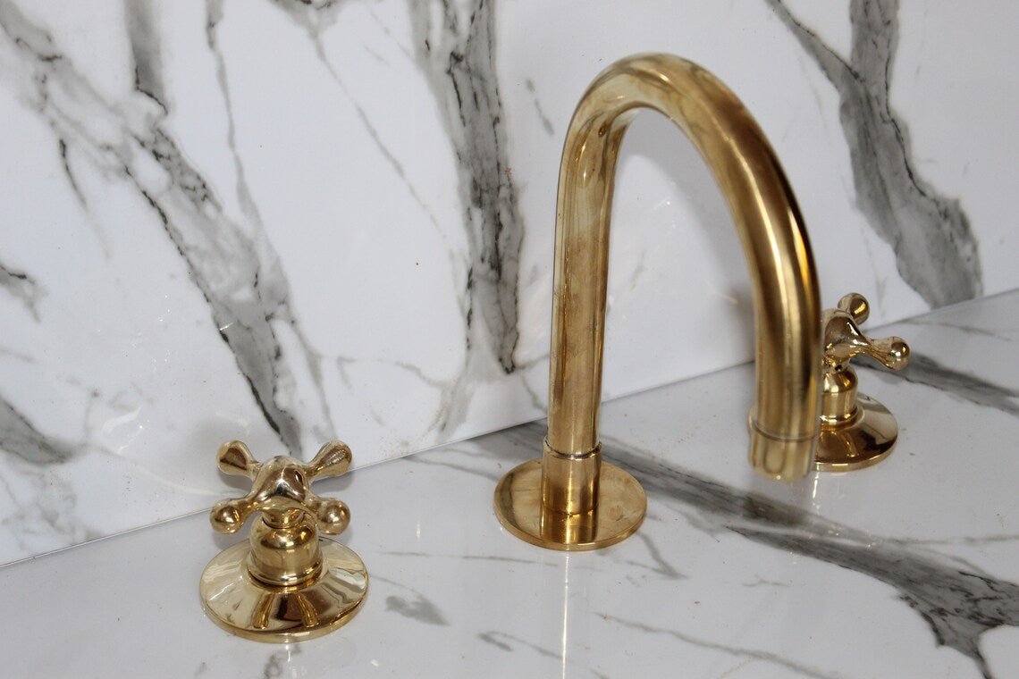 Unlacquered Brass Faucet ,Vintage Brass Faucet bathroom Faucet 3 Holes Kitchen faucet bridge faucet Unlaquered Solid Brass Faucet minimalist