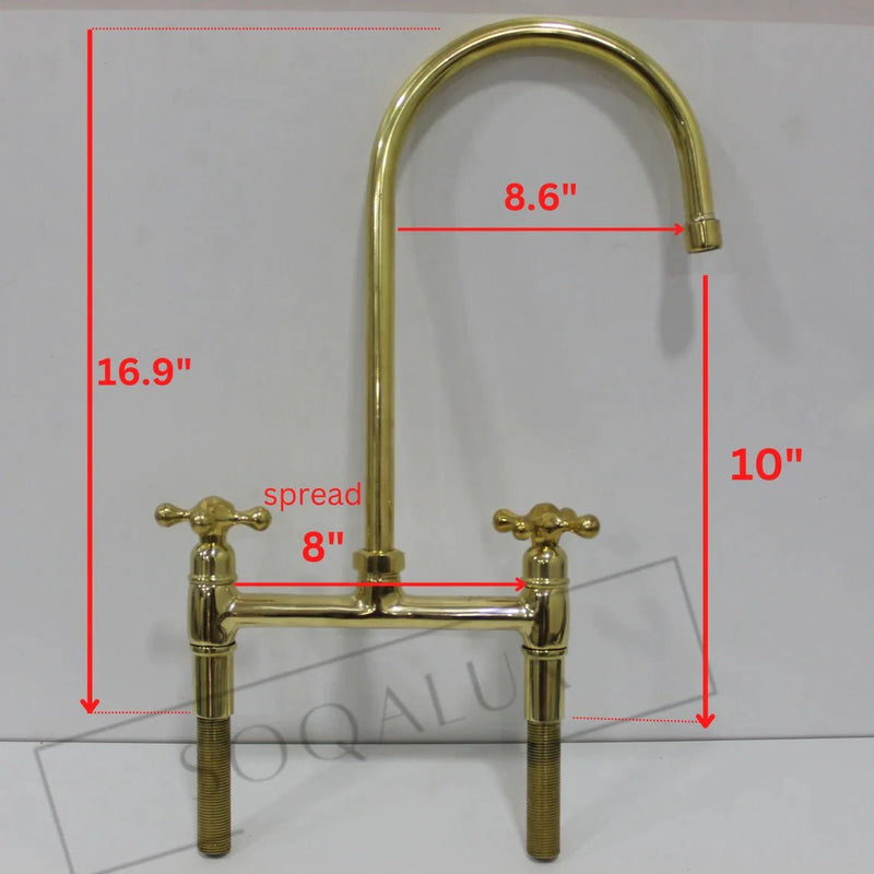 Unlacquered solid brass 8" Brass Bridge faucet, Simple cross handles with Straight Legs,Solid Brass Bridge Kitchen Faucet With Cross Handles