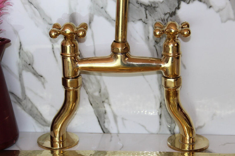 Unlacquered Brass Bridge Kitchen Faucet, Curved Legs,Unlacquered solid brass 8" Curved Brass Bridge faucet, Simple cross handles