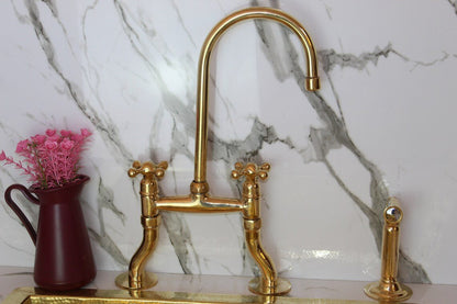 Unlacquered Brass Bridge Kitchen Faucet, Curved Legs,Unlacquered solid brass 8" Curved Brass Bridge faucet, Simple cross handles