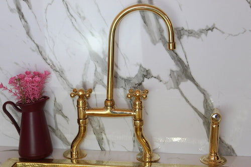 Unlacquered Brass Bridge Kitchen Faucet, Curved Legs,Unlacquered solid brass 8" Curved Brass Bridge faucet, Simple cross handles