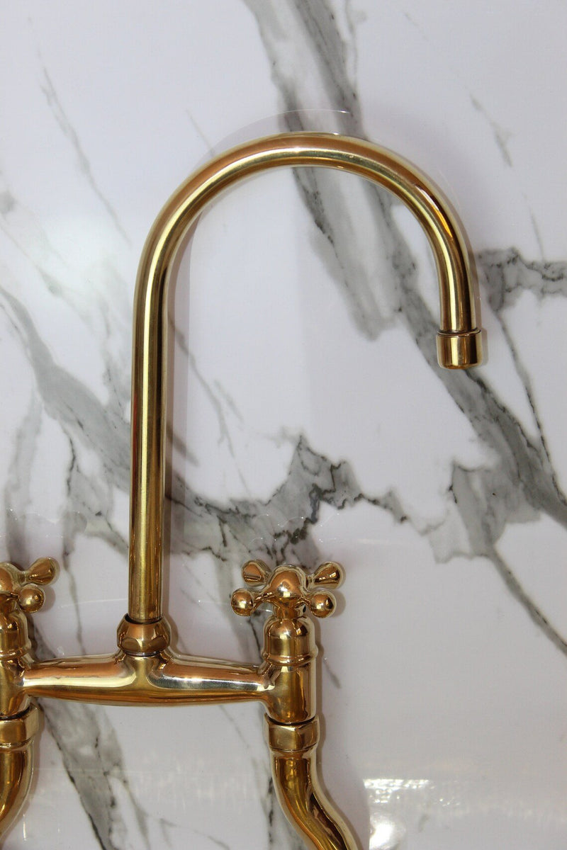 Unlacquered Brass Bridge Kitchen Faucet, Curved Legs,Unlacquered solid brass 8" Curved Brass Bridge faucet, Simple cross handles