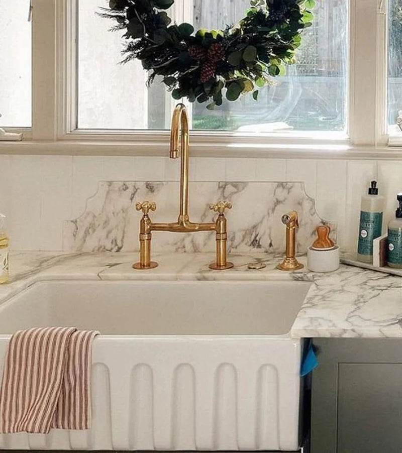 Unlacquered solid brass 8" Brass Bridge faucet, Simple cross handles with Straight Legs,Solid Brass Bridge Kitchen Faucet With Cross Handles