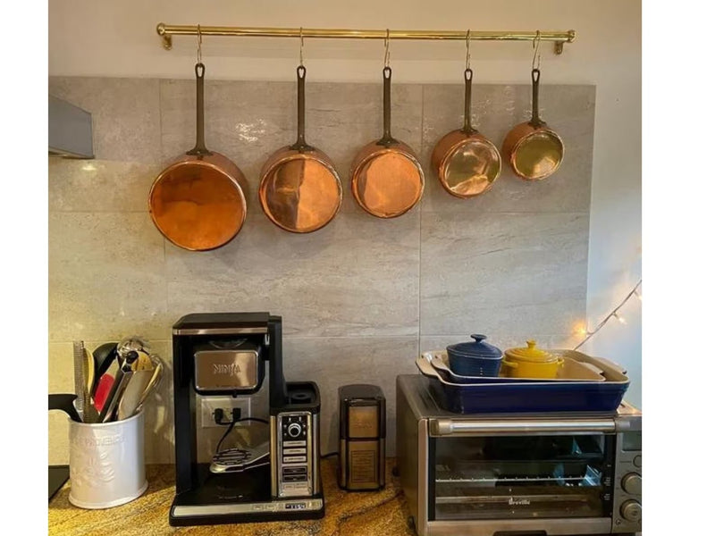 Brass Pot Rail with Hooks: Elegant Kitchen Organization