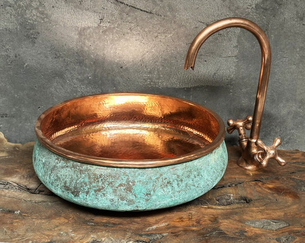 Oxidized Copper Sink Bathroom , Green Patina Copper Washbasin