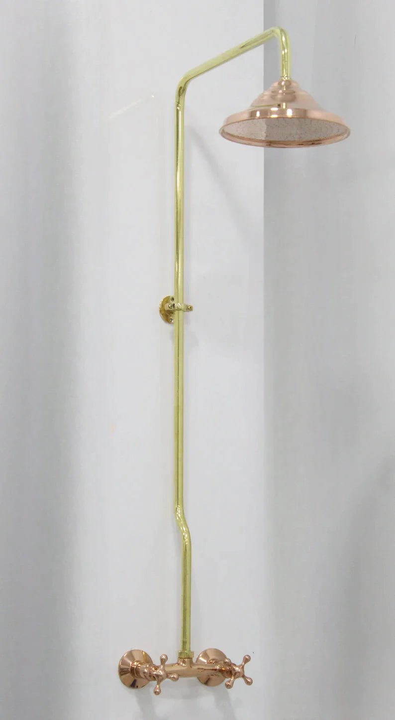 Unlacquered Brass And Copper Shower System High Pressure, Copper Pipe Shower , Luxury Shower System with round Head Shower