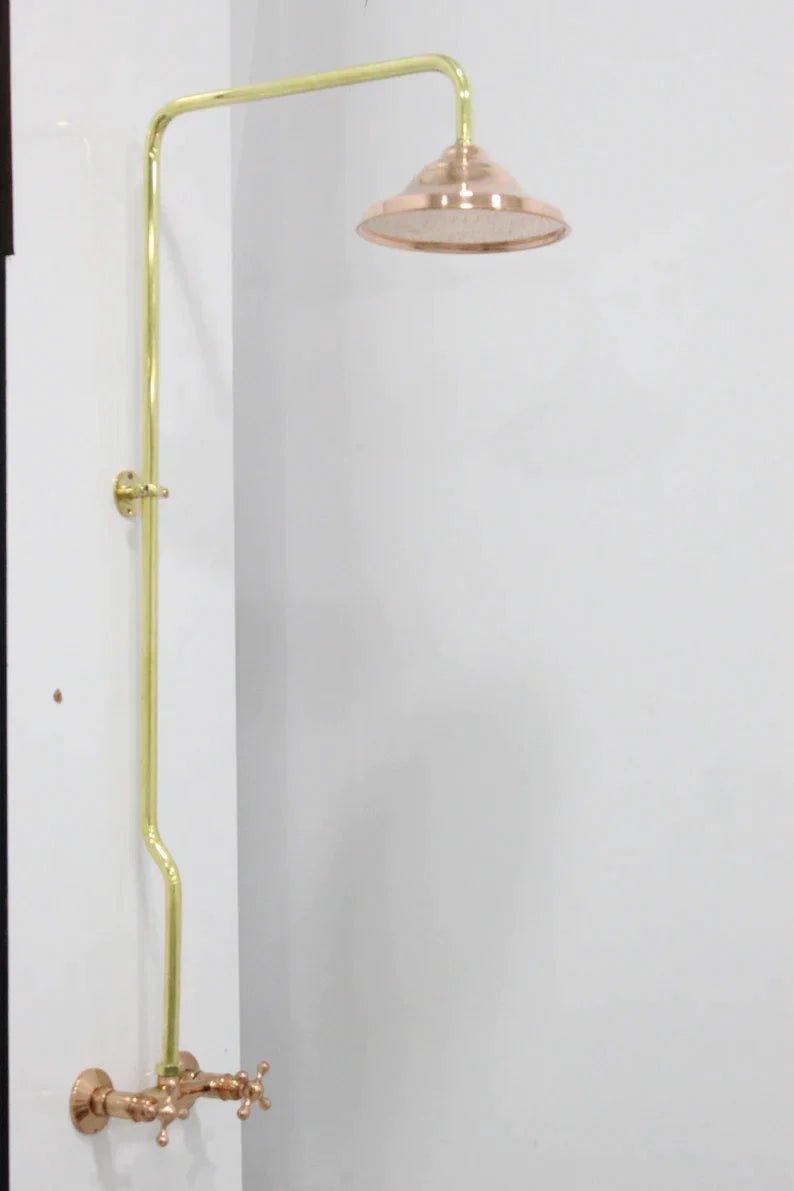 Unlacquered Brass And Copper Shower System High Pressure, Copper Pipe Shower , Luxury Shower System with round Head Shower