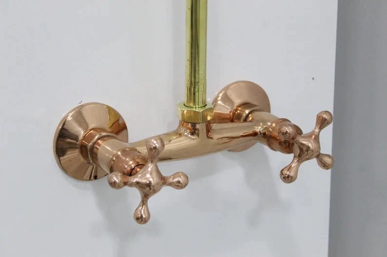 Unlacquered Brass And Copper Shower System High Pressure, Copper Pipe Shower , Outstanding Shower System with round Head Shower