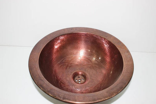 Red Copper sink; handmade with exquisite and luxurious decoration; bathroom sink