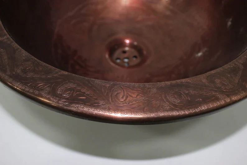 Red Copper sink; handmade with exquisite and luxurious decoration; bathroom sink
