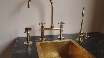 Brass Bridge Faucet - Antique Brass Kitchen Faucet with sprayer