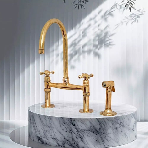 Brass Bridge Faucet - Antique Brass Kitchen Faucet with sprayer