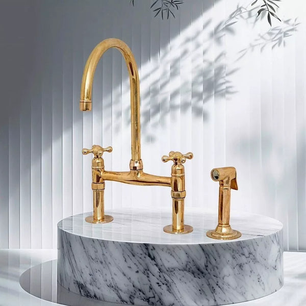 Brass Bridge Faucet - Antique Brass Kitchen Faucet with sprayer