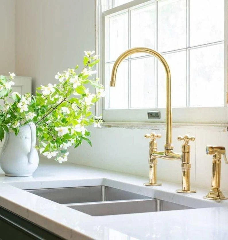Brass Bridge Faucet - Antique Brass Kitchen Faucet with sprayer