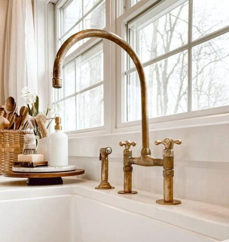 Brass Bridge Faucet - Antique Brass Kitchen Faucet with sprayer