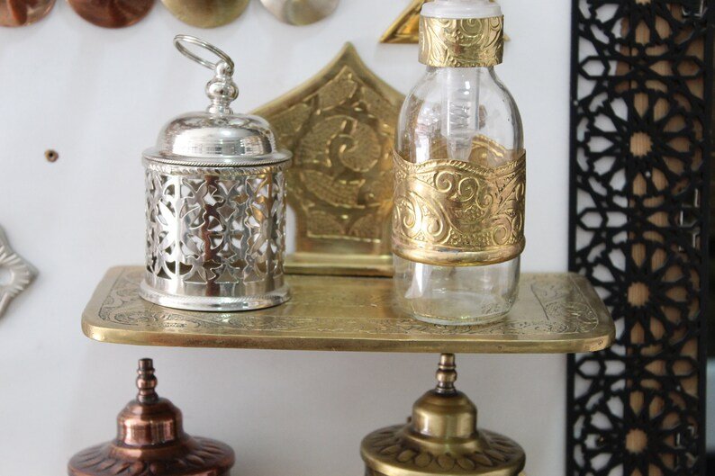 Handmade Embossed Brass Wall Mounted Moroccan Shelf