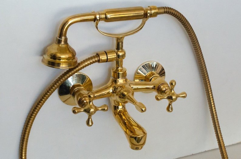 Unlacquered Brass Tub Filler - Wall Mount Tub Filler With Hand Shower