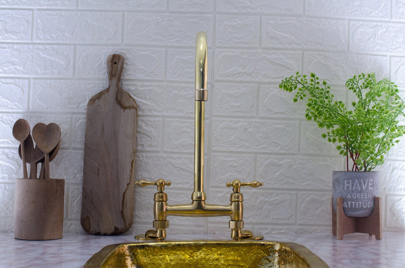 Antique Brass Bridge Faucet - Vintage Elegance for Your Kitchen | #AntiqueBrass #BridgeFaucet #VintageElegance #KitchenFaucet